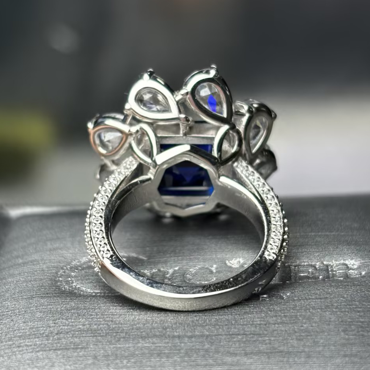 Halo 3ct Asscher Cut Blue & White Sapphire Engagement Ring