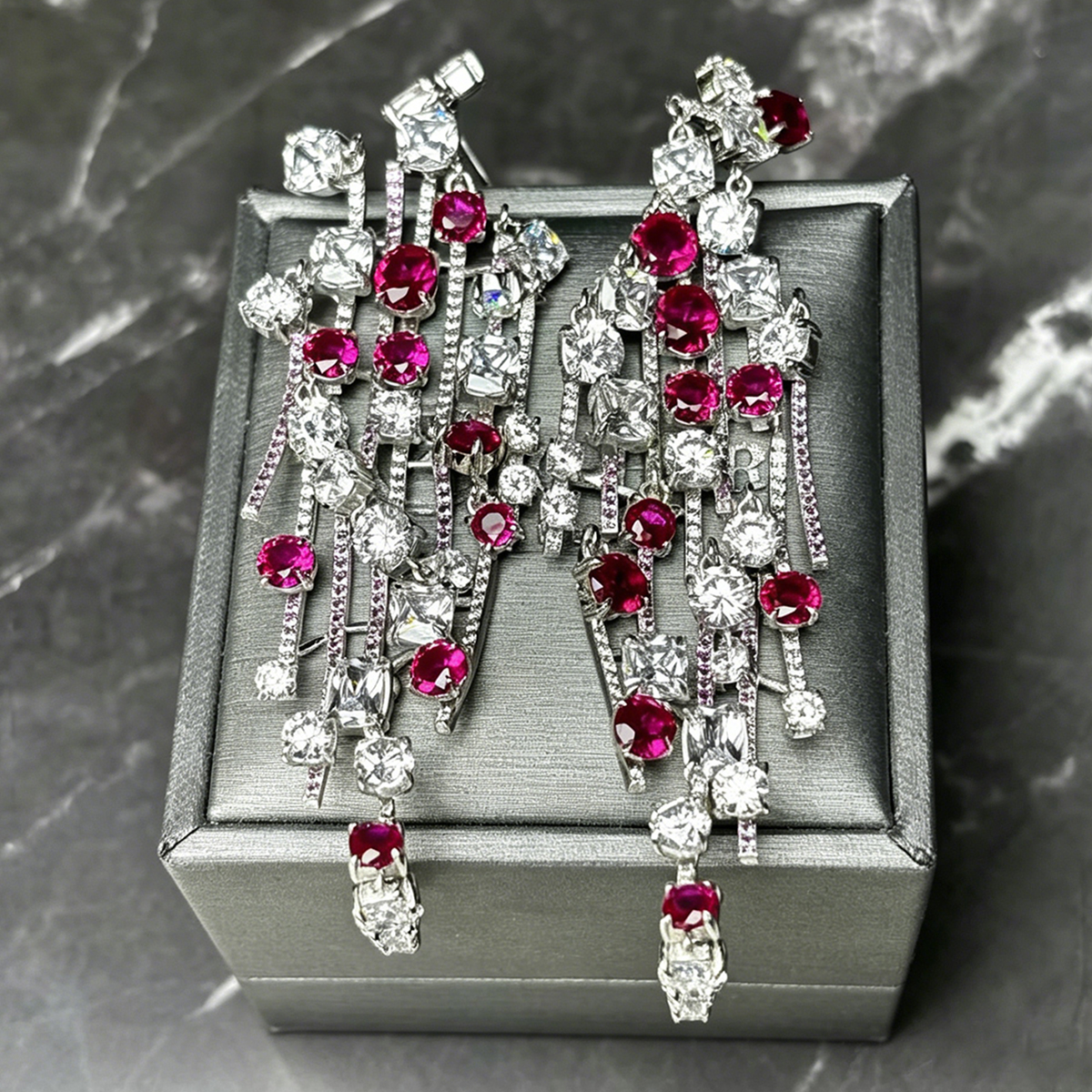 Ruby & White Sapphire Multi-Tier Chandelier Earrings