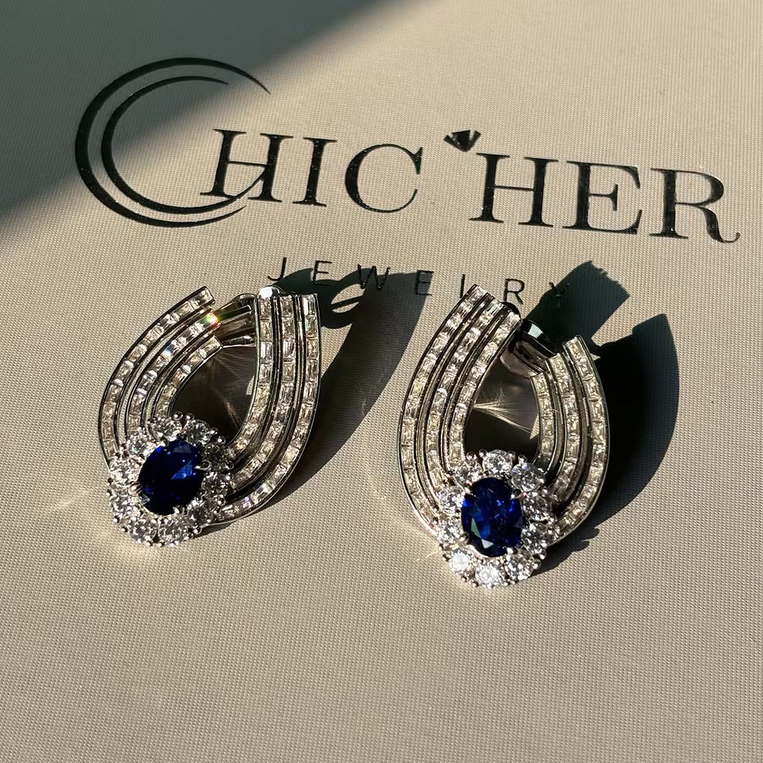 Halo Cushion Cut Blue Sapphire Hoop Earrings