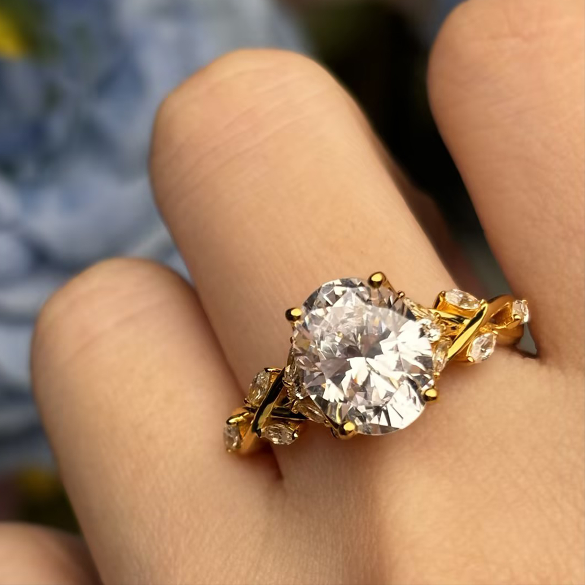 3ct  Flower Desing Oval Cut  White Sapphire Engagement Ring