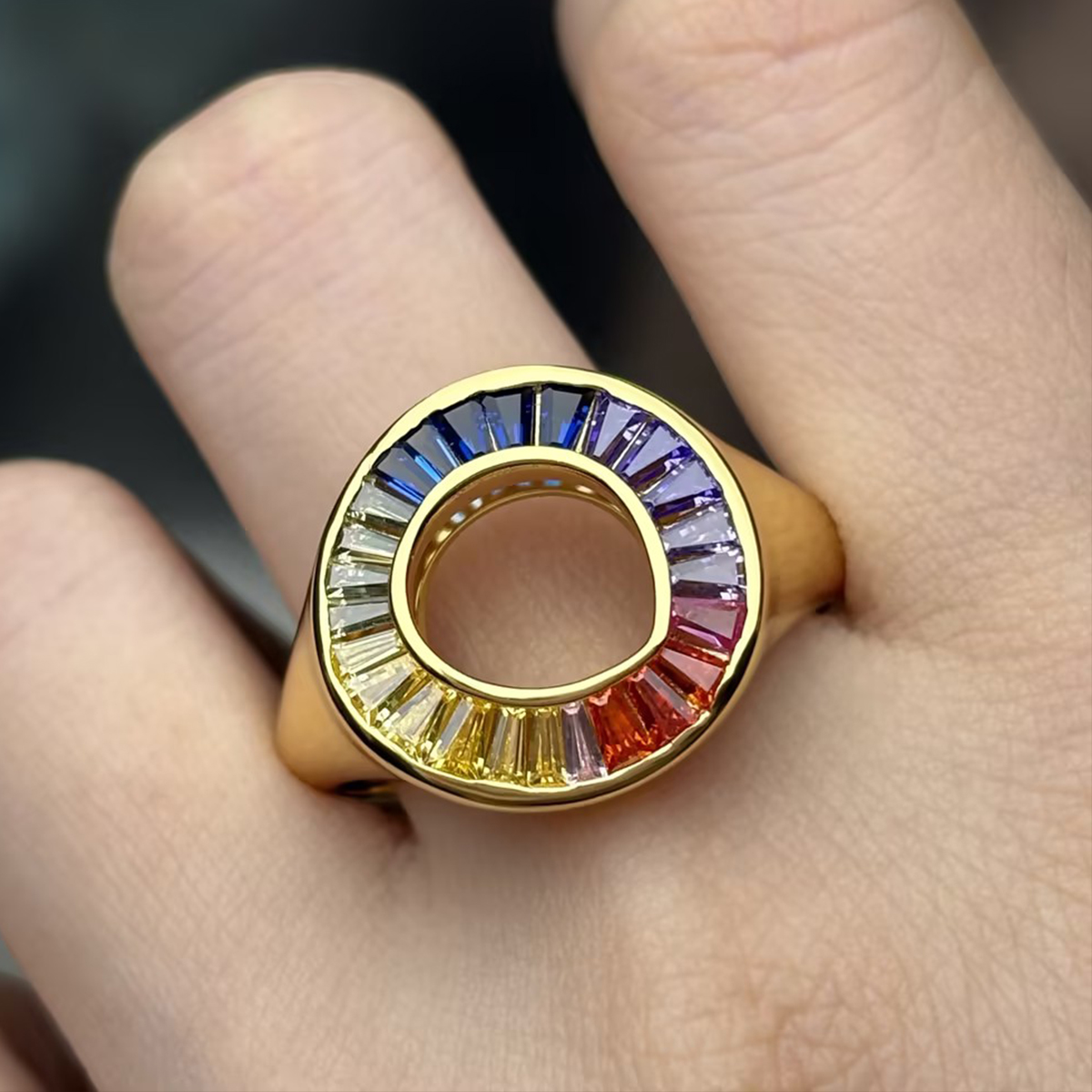2.75ct Tapered Baguette Cut Rainbow Sapphire Sphere Ring
