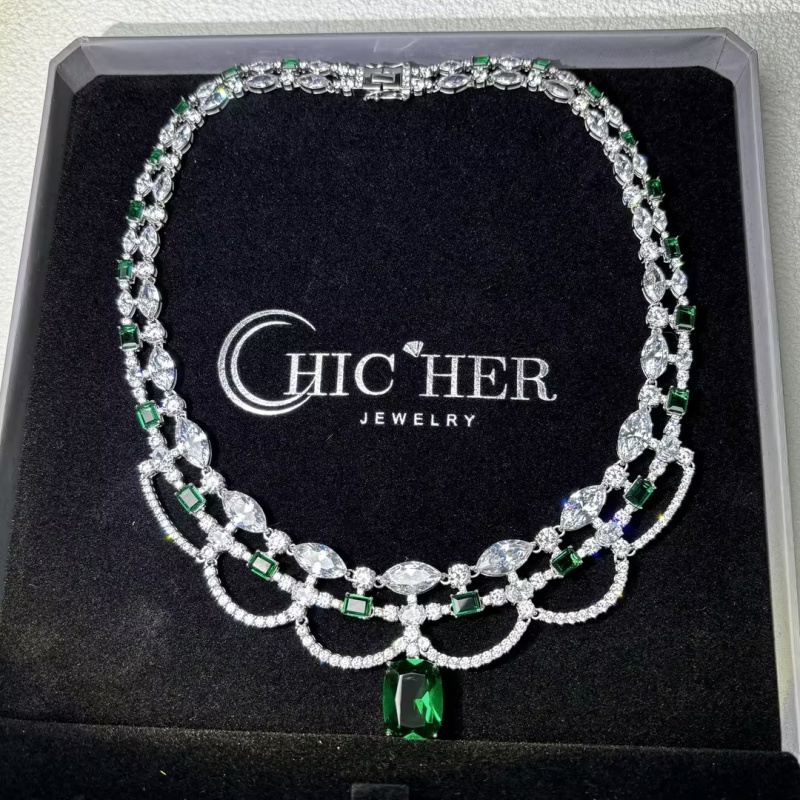 Original Design - Fashion Emerald & White Sapphire Necklace