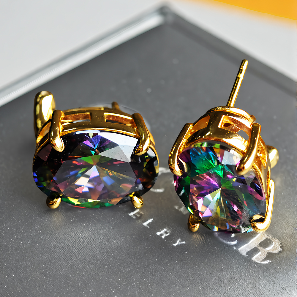 Oval Mystic Topaz Stud Earrings 14K Yellow Gold
