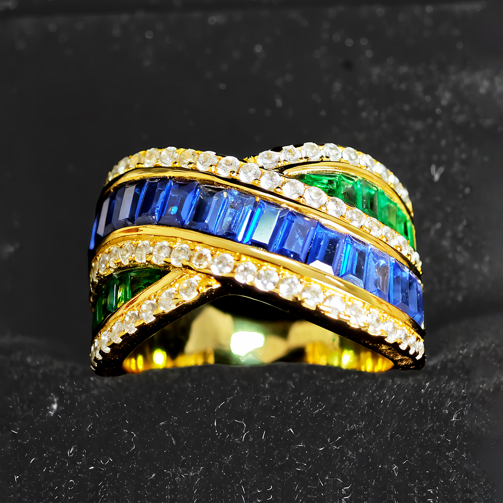 4.35ct Cross Design Emerald&Round Cut Three Tone Wedding Band