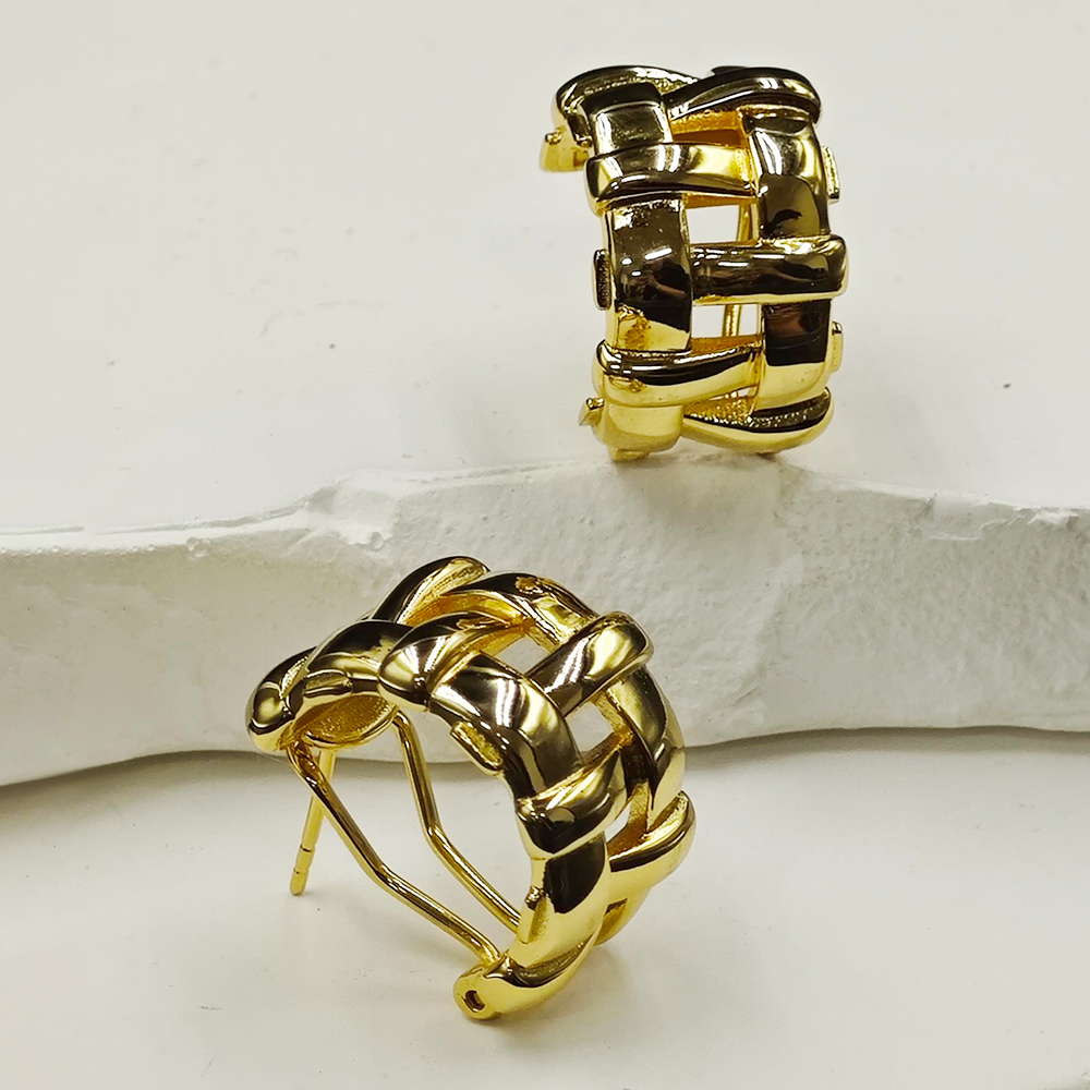 Basket Weave Sterling Silver Hoop Earrings In Gold Plating