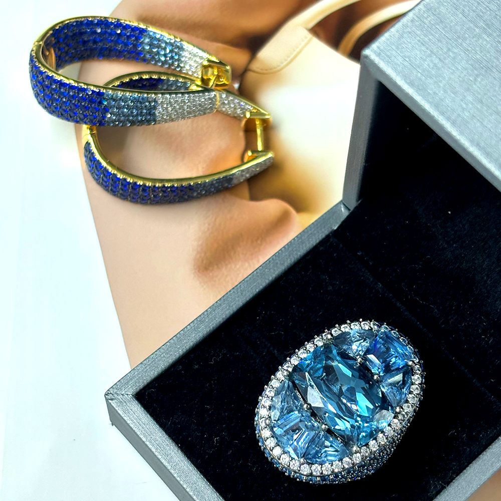 Gradient Sapphire Earrings & Aquamarine Ring Jewelry Set/2pcs