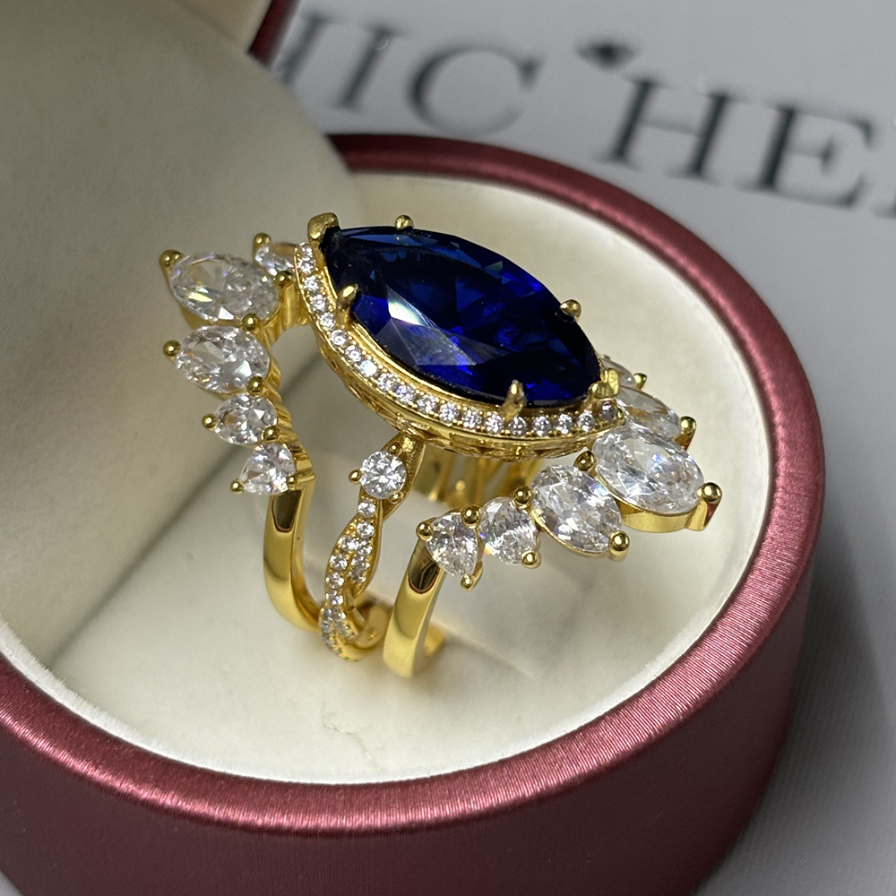 Halo 6ct Marquise Cut Blue Sapphire Wedding Set/3pcs