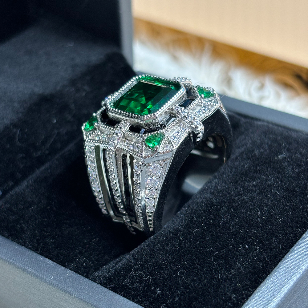 Art Deco 5ct Asscher Cut Emerald Sapphire Ring for Men