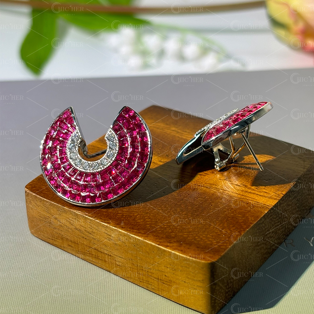 Invisible Setting Ruby&White Sapphire Scallop Earrings