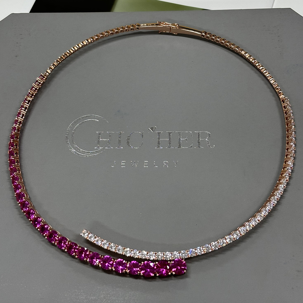 Two Tone Pink&White Sapphire Open Choker Necklace