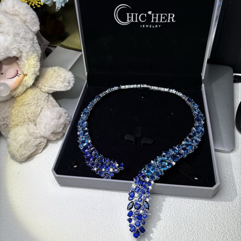 Mixed Cut Blue & White Sapphire Necklace