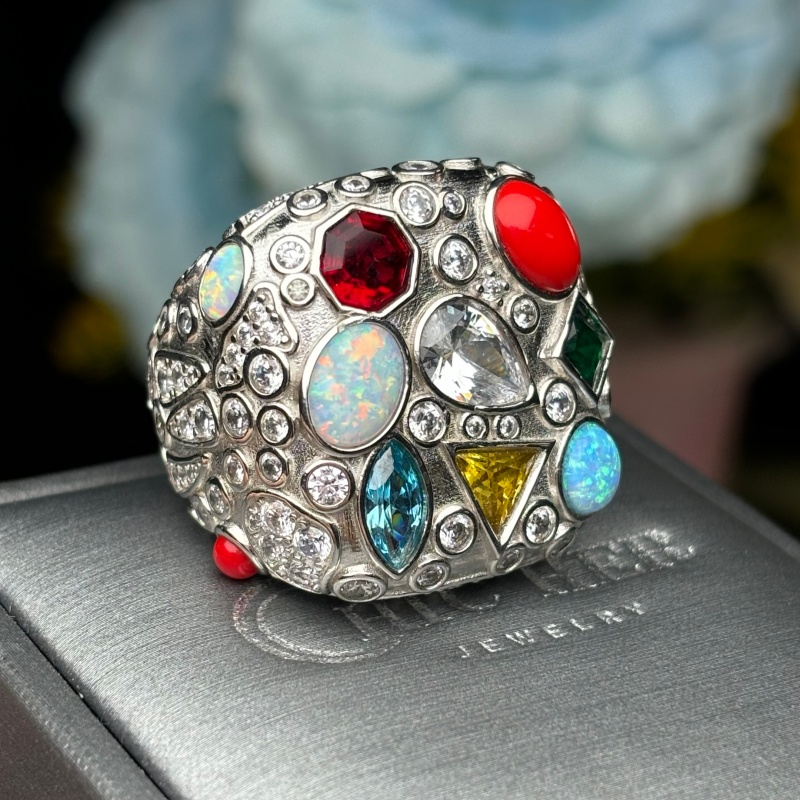 Multi-Gemstone Opal & Diamond Statement Cocktail Ring (Gold/Silver, Sold Individually)