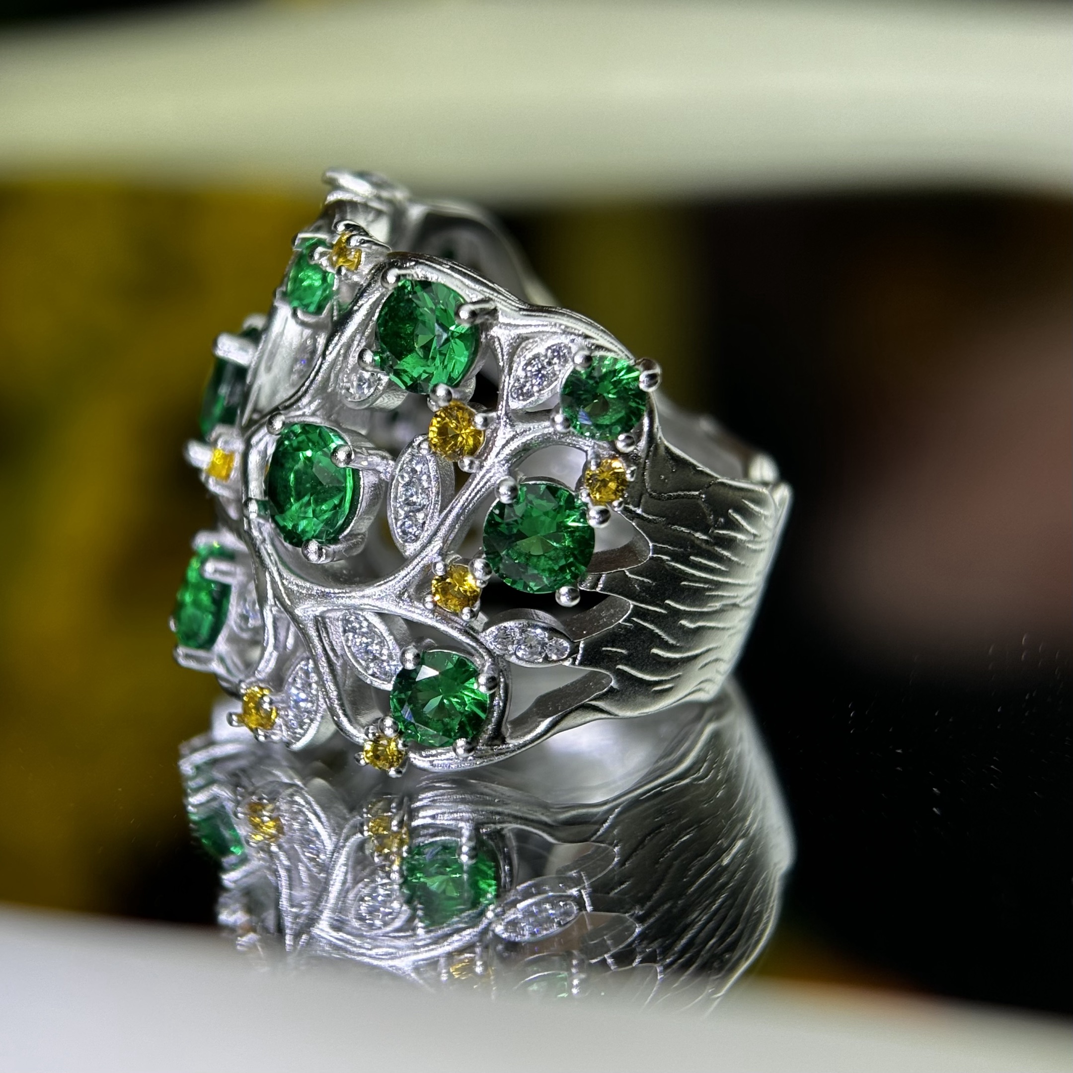 Original Design - Round Cut Tsavorite Nature Inspired Band