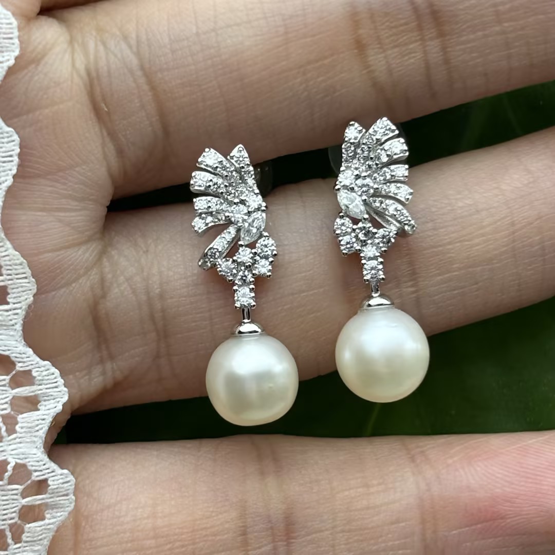 Original Design - Fresh Water Pearl & White Moissanite Dangle Earrings