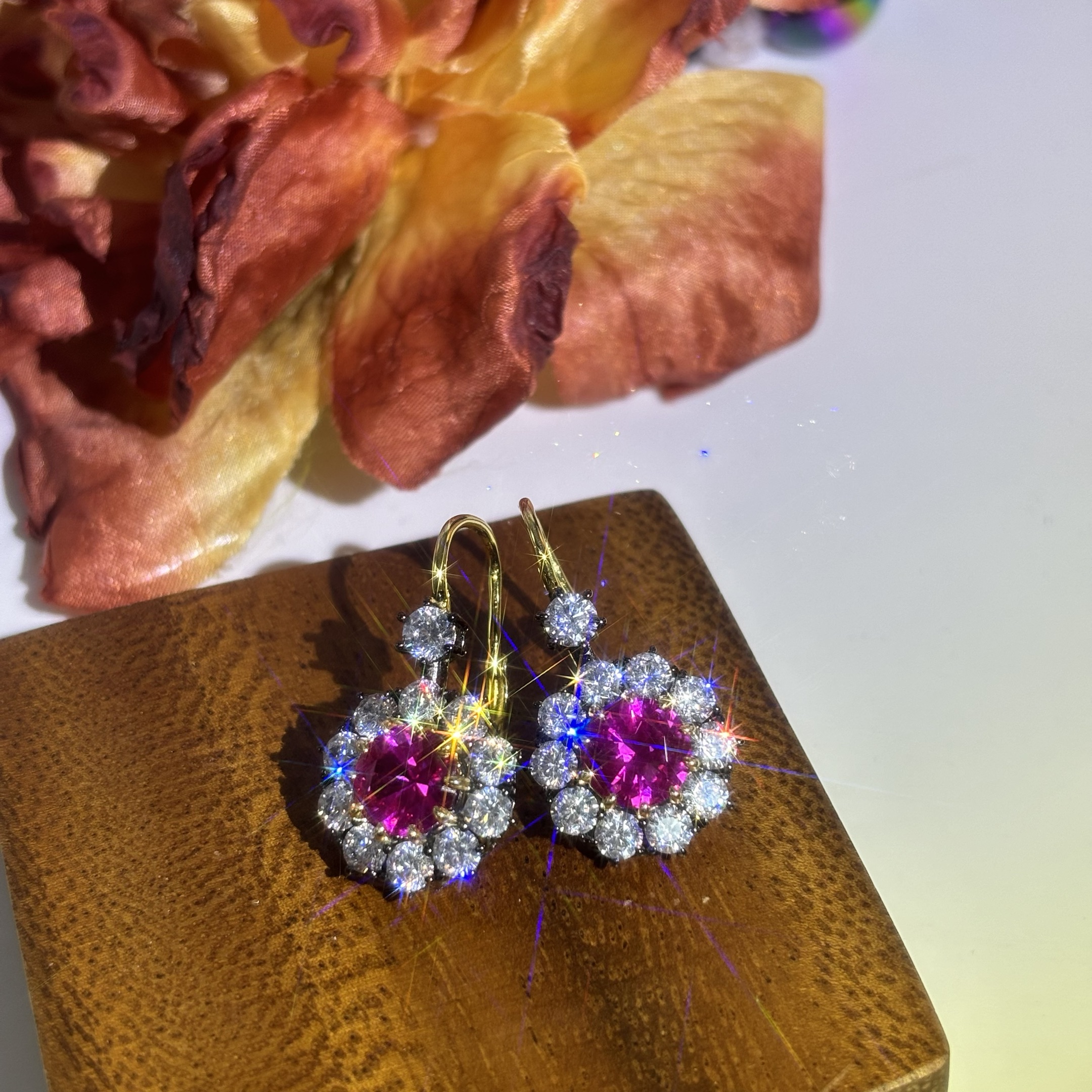 Round Cut Ruby Sapphire Cluster Earrings
