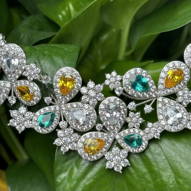 Floral Cluster White Sapphire & Multi-Color Sapphire Pear Cut Statement Choker