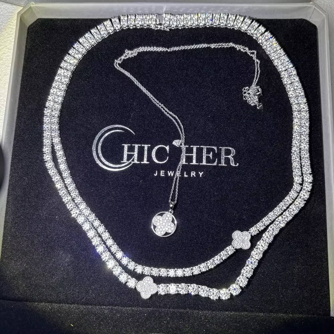 Original Design - Lucky Grass White Moissanite Necklace (Two-pieceDress）