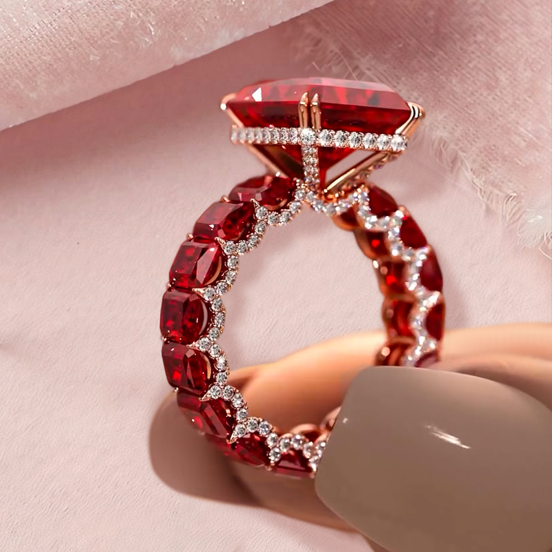 6ct Under Halo Emerald Cut Ruby Sapphire Engagement Ring