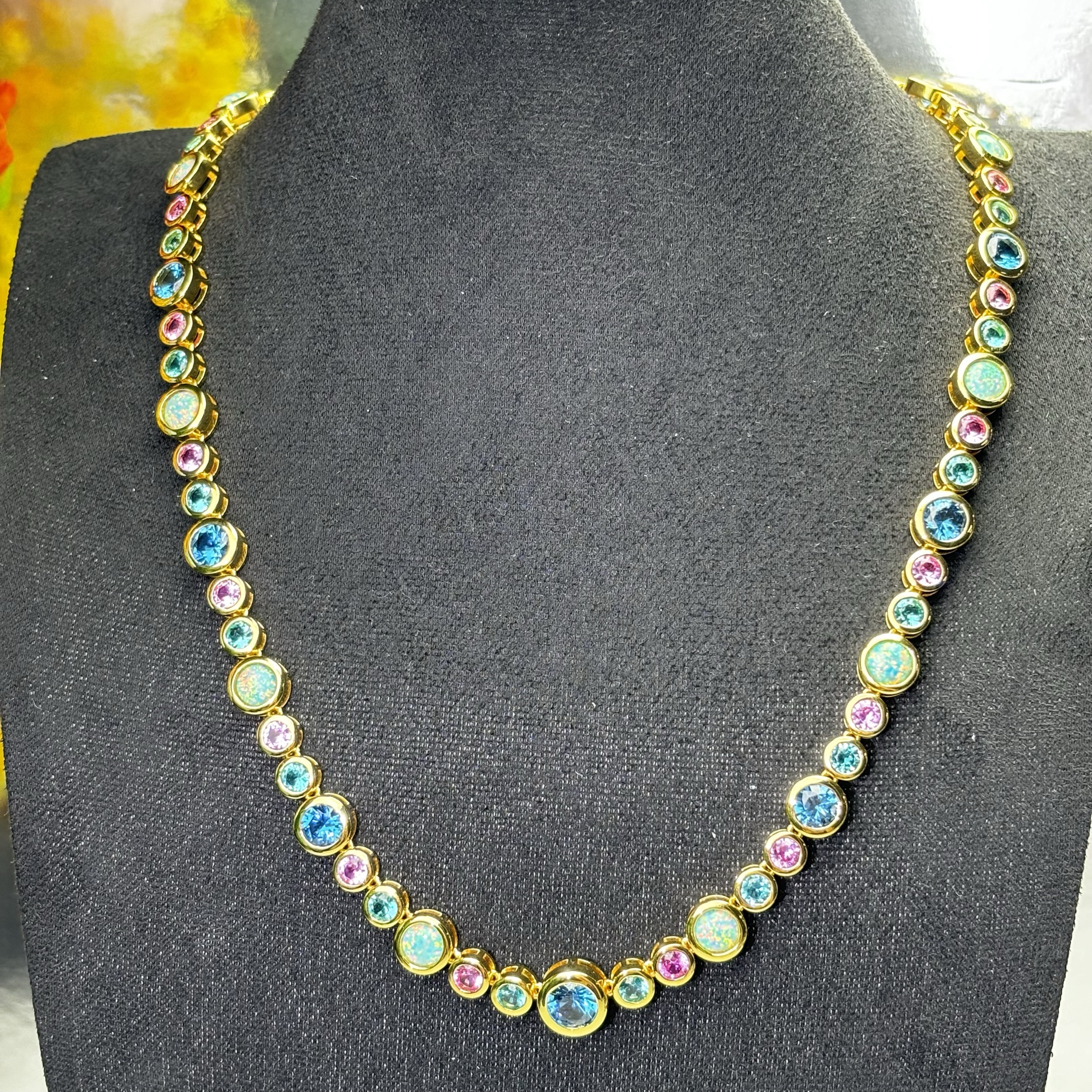 Fashion Round Cut Opal & Multicolor Sapphire Tennis Necklace