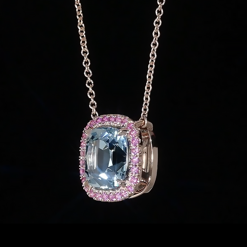 Pink Halo Cushion Cut Aquamarine Sapphire Pendant Necklace