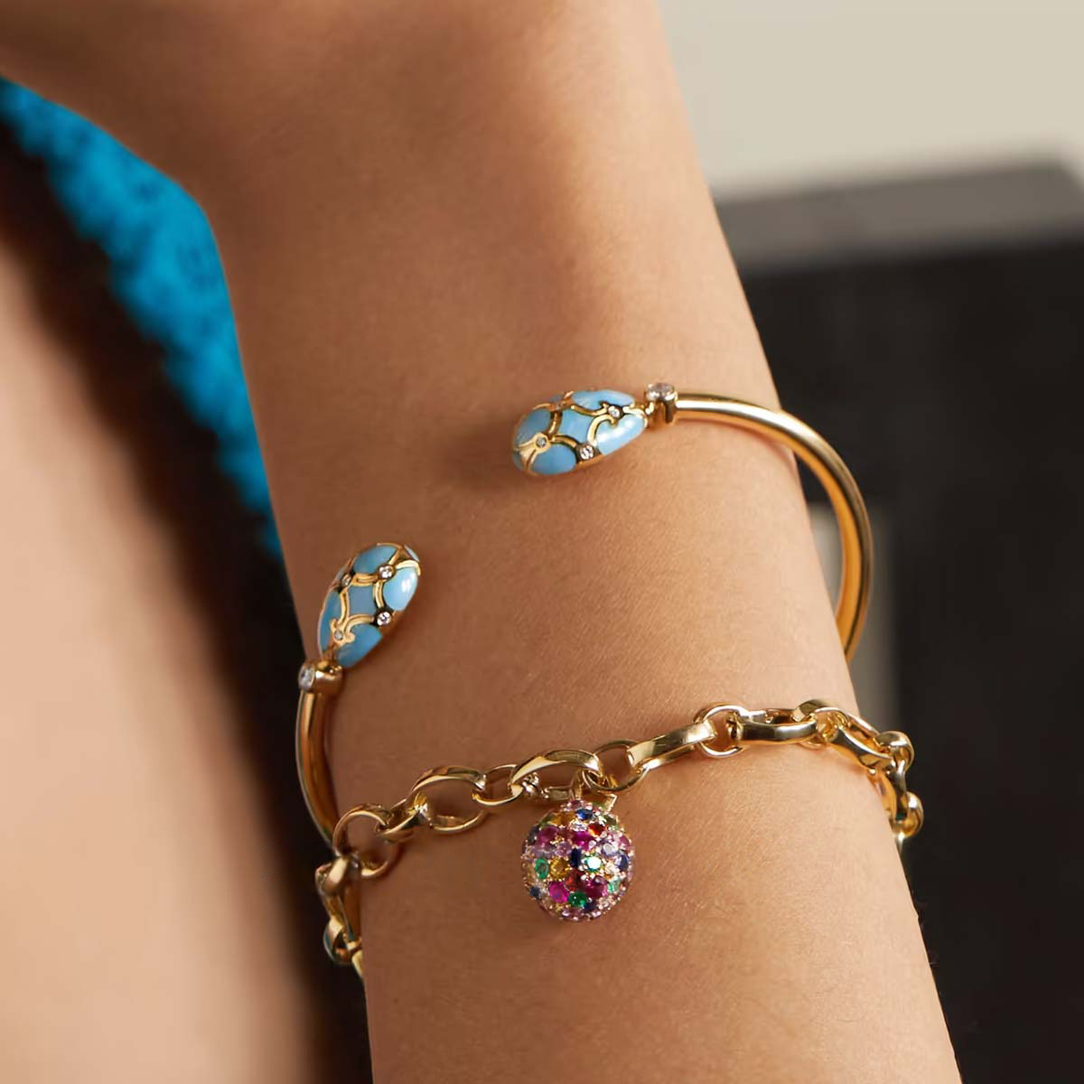 Egg Pendant Round Cut Rainbow Sapphire Chain Bracelet