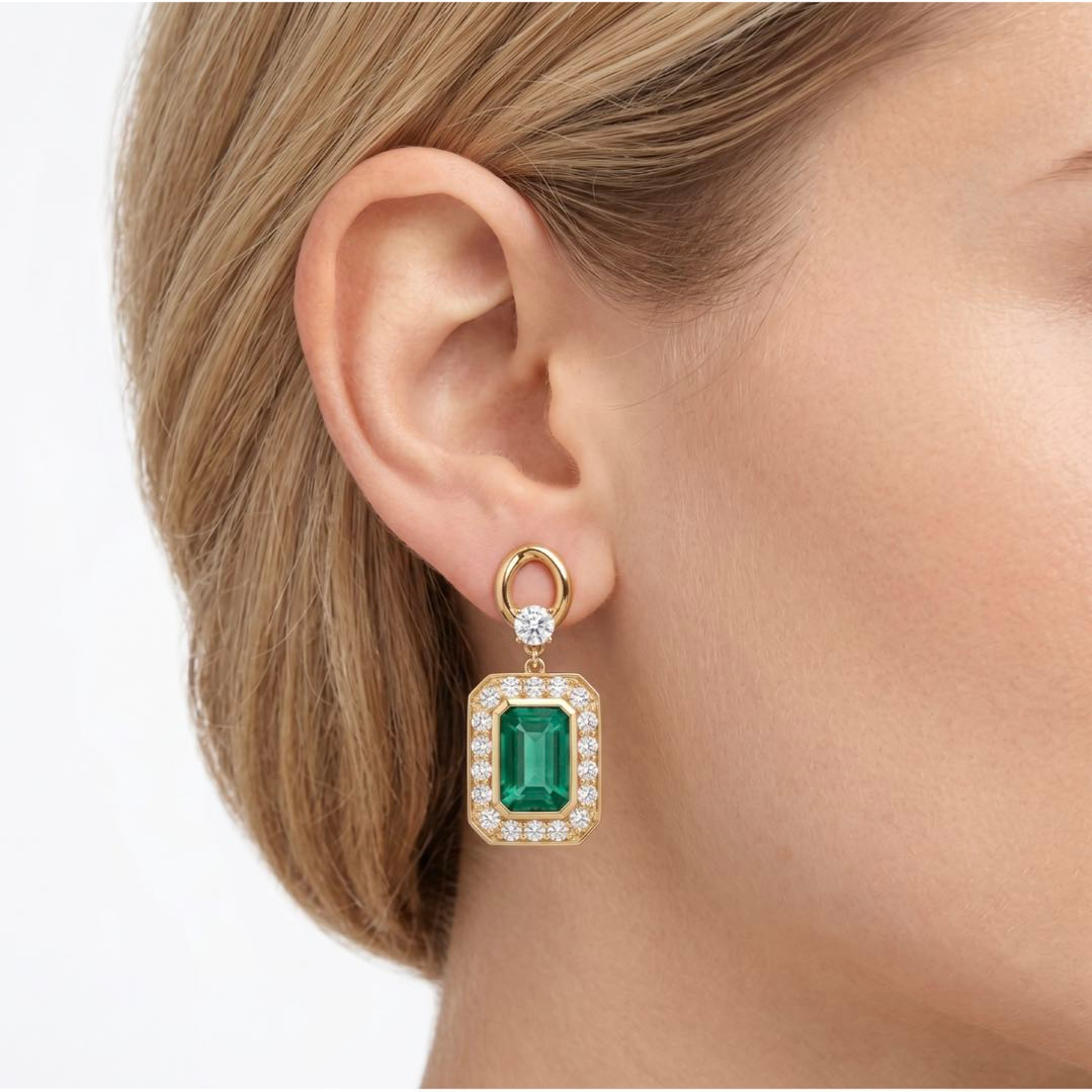 Original Design -  Emerald Cut Emerald  Sapphire Dangle Earrings