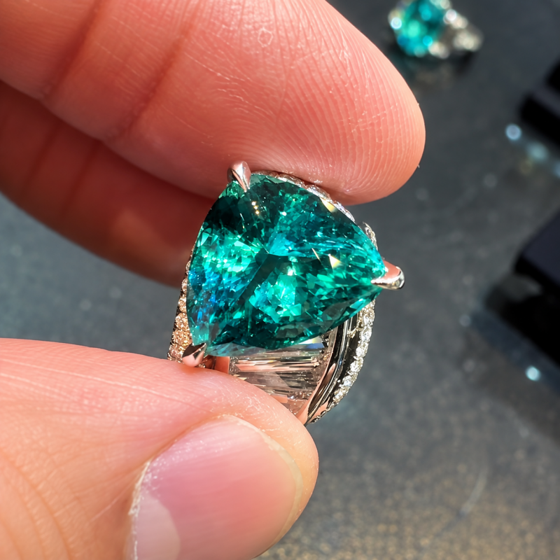 4.25ct Trillion Cut Paraiba & Trapezoid White Sapphire Cocktail Ring