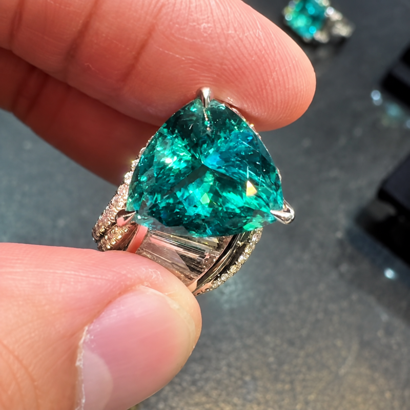4.25ct Trillion Cut Paraiba & Trapezoid White Sapphire Cocktail Ring