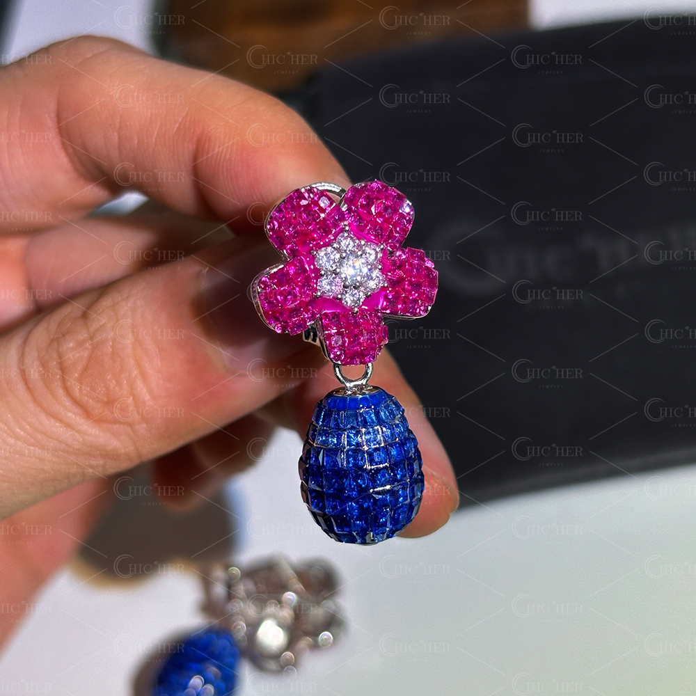 Flower Design Invisible Setting Diamond&Ruby&Sapphire Dangle Earrings