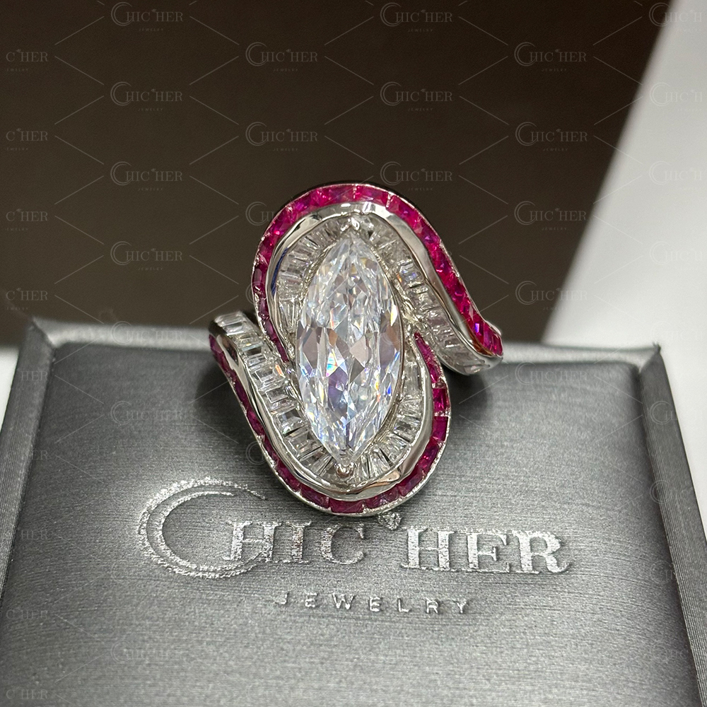 Invisible Setting 5ct Marquise Cut White Sapphire Swirling Ring