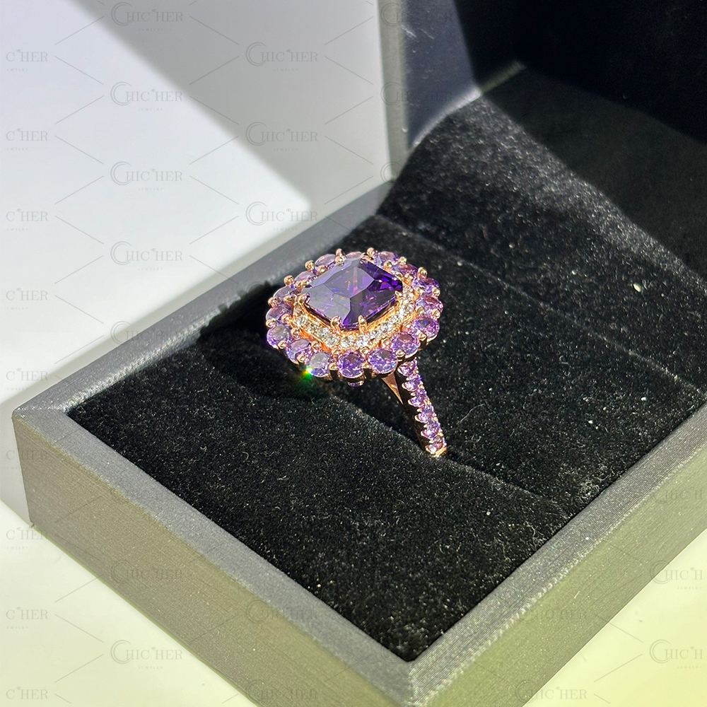 Double Halo 4ct Radiant Cut Amethyst Sapphire Engagement Ring