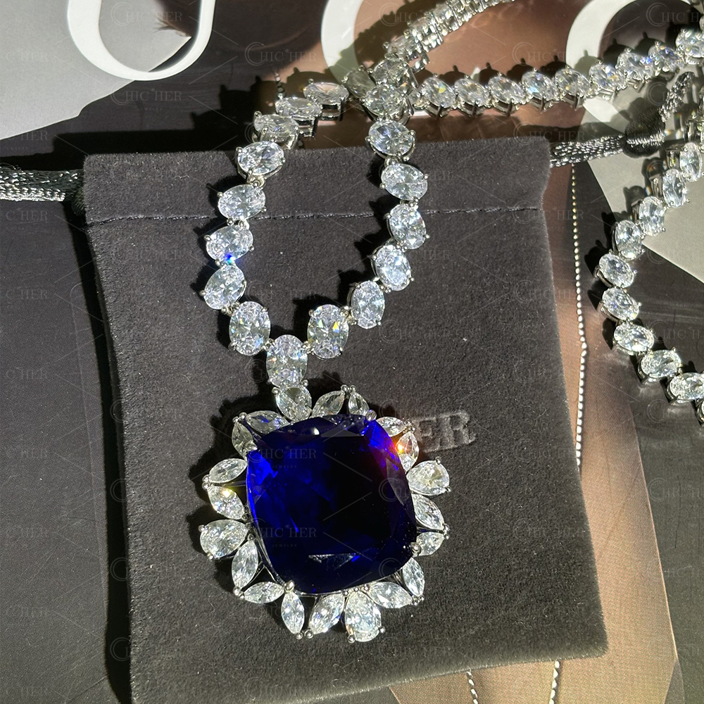 Halo Cushion Cut Blue Sapphire Pendant Necklace
