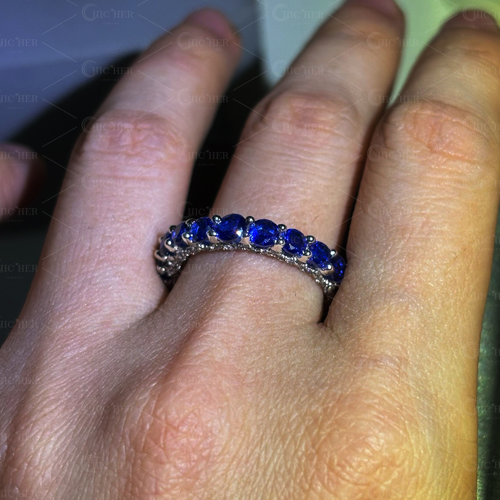 Two Style Round Cut Sapphire&Diamond Wedding Band