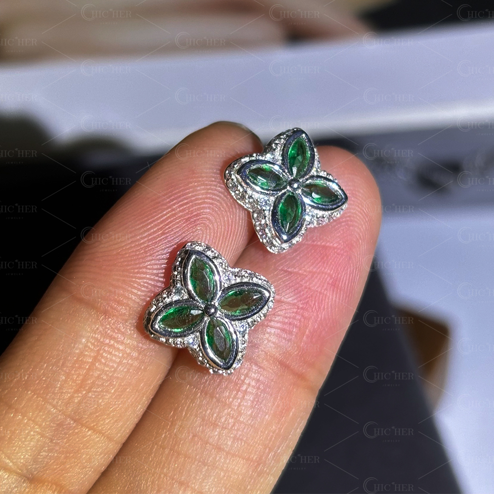 Clover Design Emerald&Diamond Men's Stud Earrings