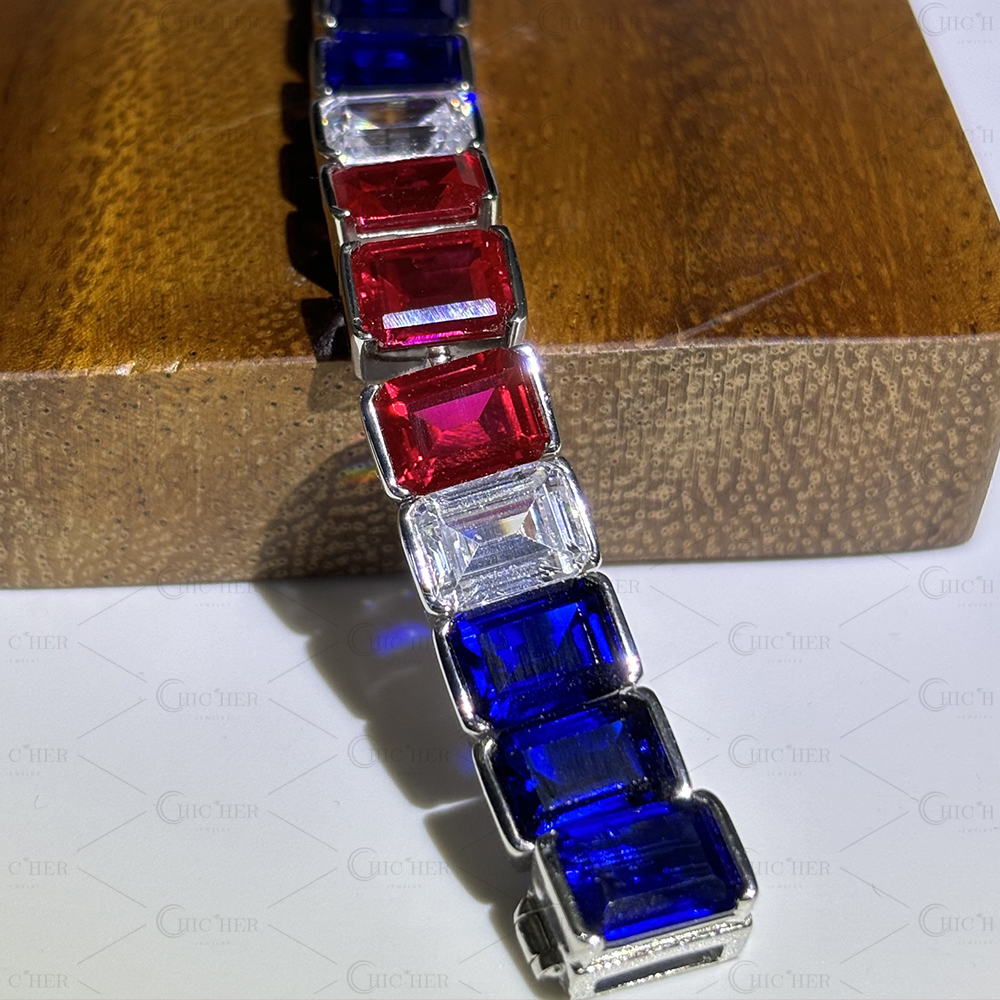 Emerald Cut Ruby&Blue Sapphire Men's Bracelet