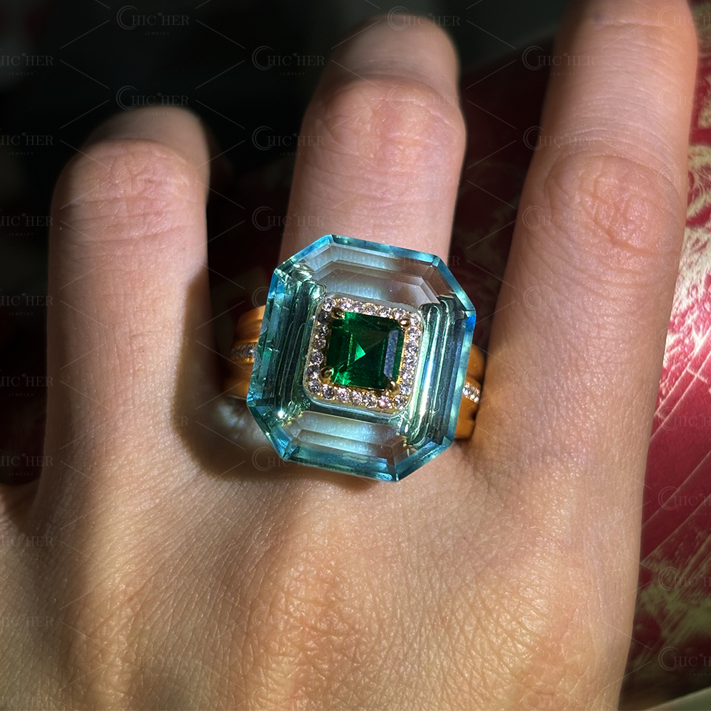 2ct Unique Emerald Cut Emerald Sapphire Engagement Ring