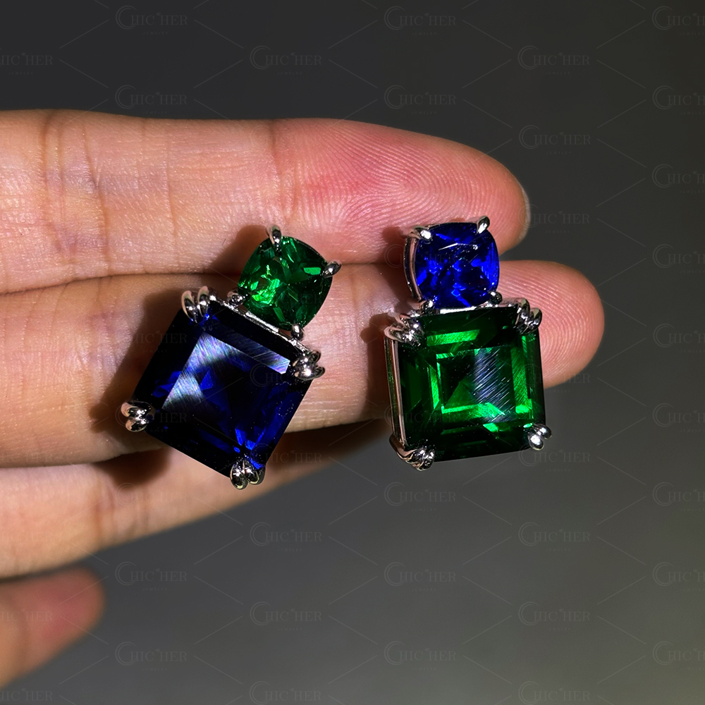 Unique Emerald&Sapphire Stud Earrings