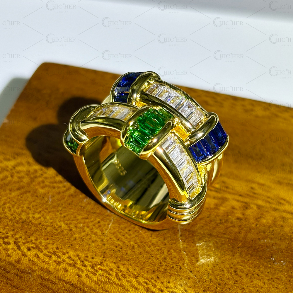 Fashion 2ct Emerald Cut Three-Tone Wedding Band