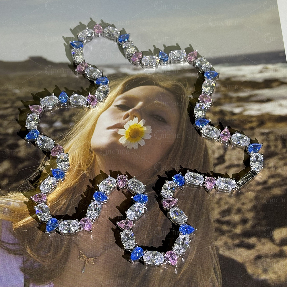 Pear&Oval Cut Rainbow Sapphire Men's Necklace