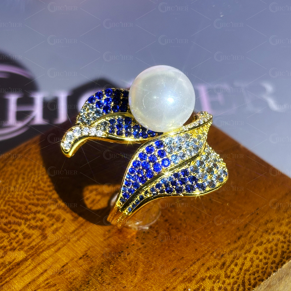 Leaf Design White Pearl&Gradient Sapphire Earrings&Ring Jewelry Set