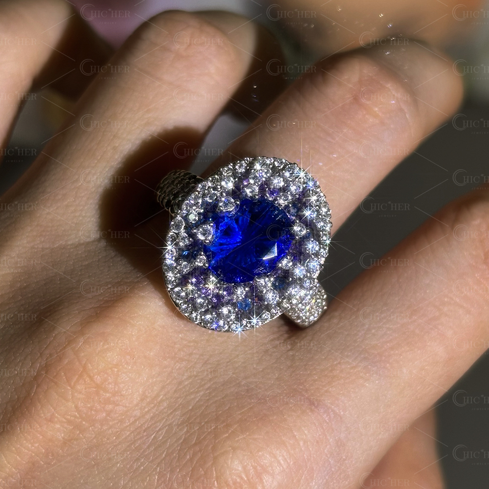 Pave Setting 2ct Oval Cut Blue Sapphire Cocktail Ring