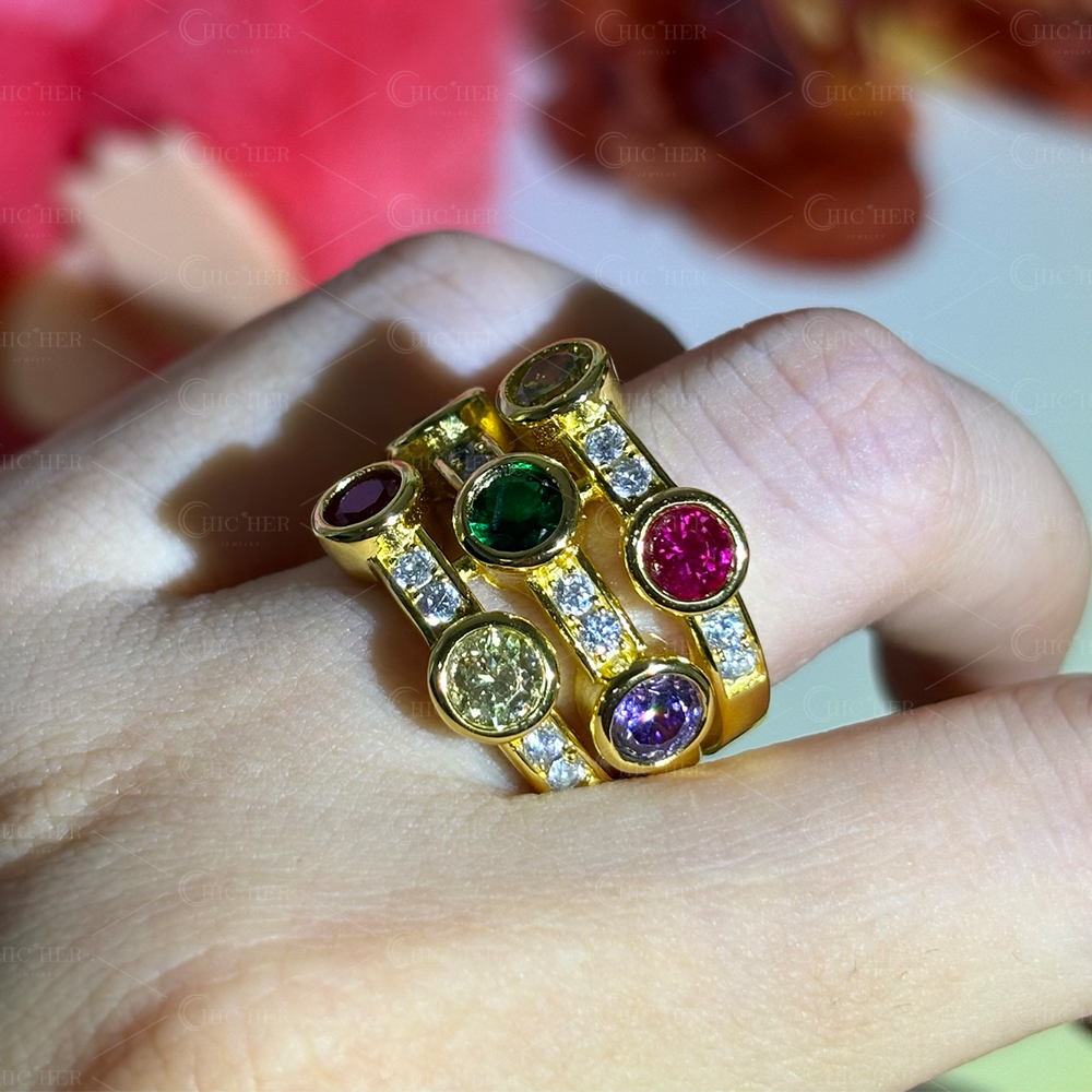 Multi Row 1.8ct Round Cut Rainbow Sapphire Wedding Band