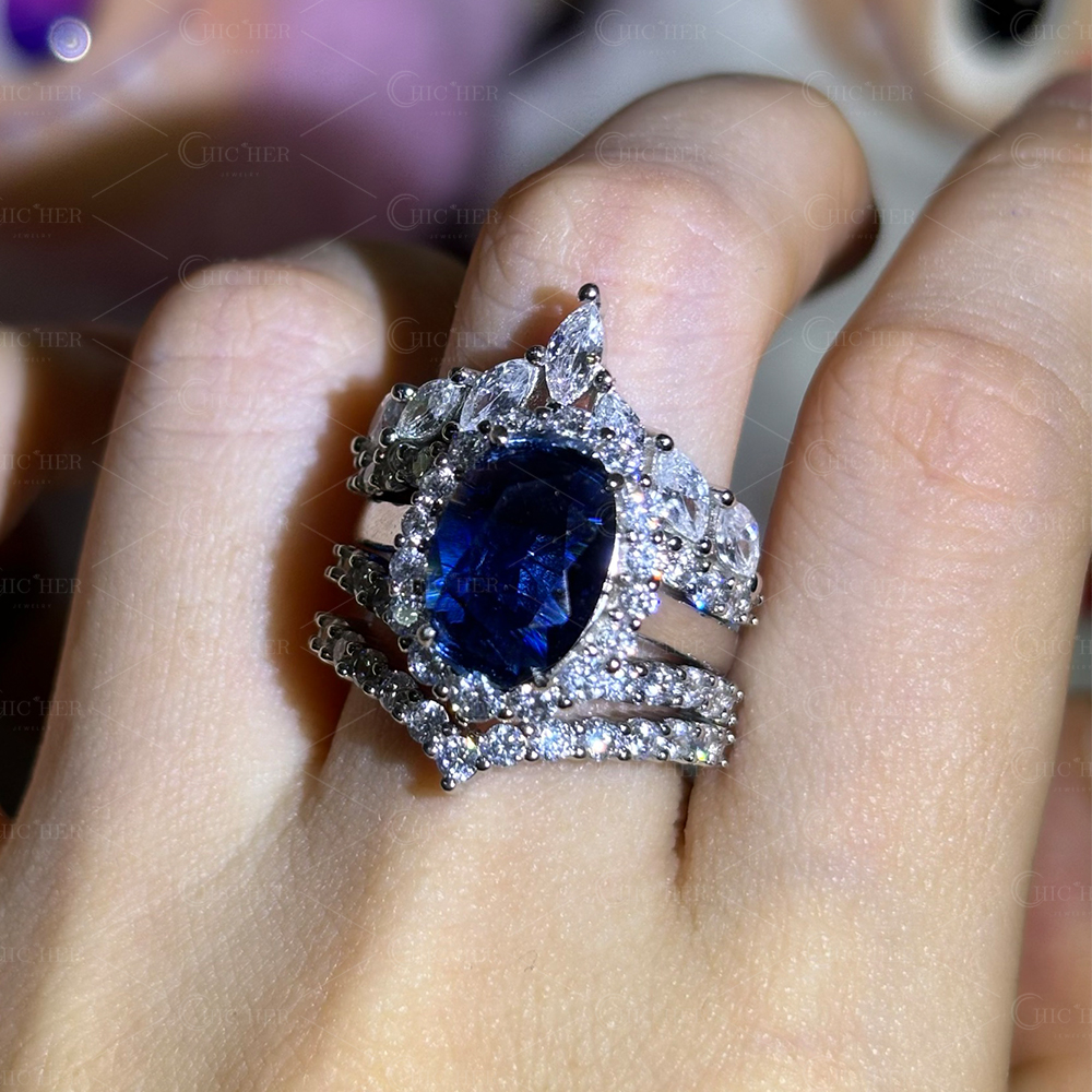 Halo 4ct Oval Cut Blue Sapphire Wedding Set/3pcs