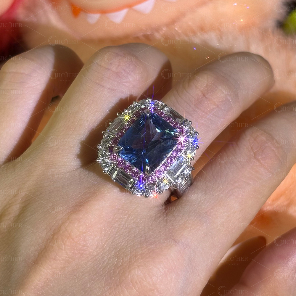 Double Halo 6ct Radiant Cut Light Blue Sapphire Engagement Ring