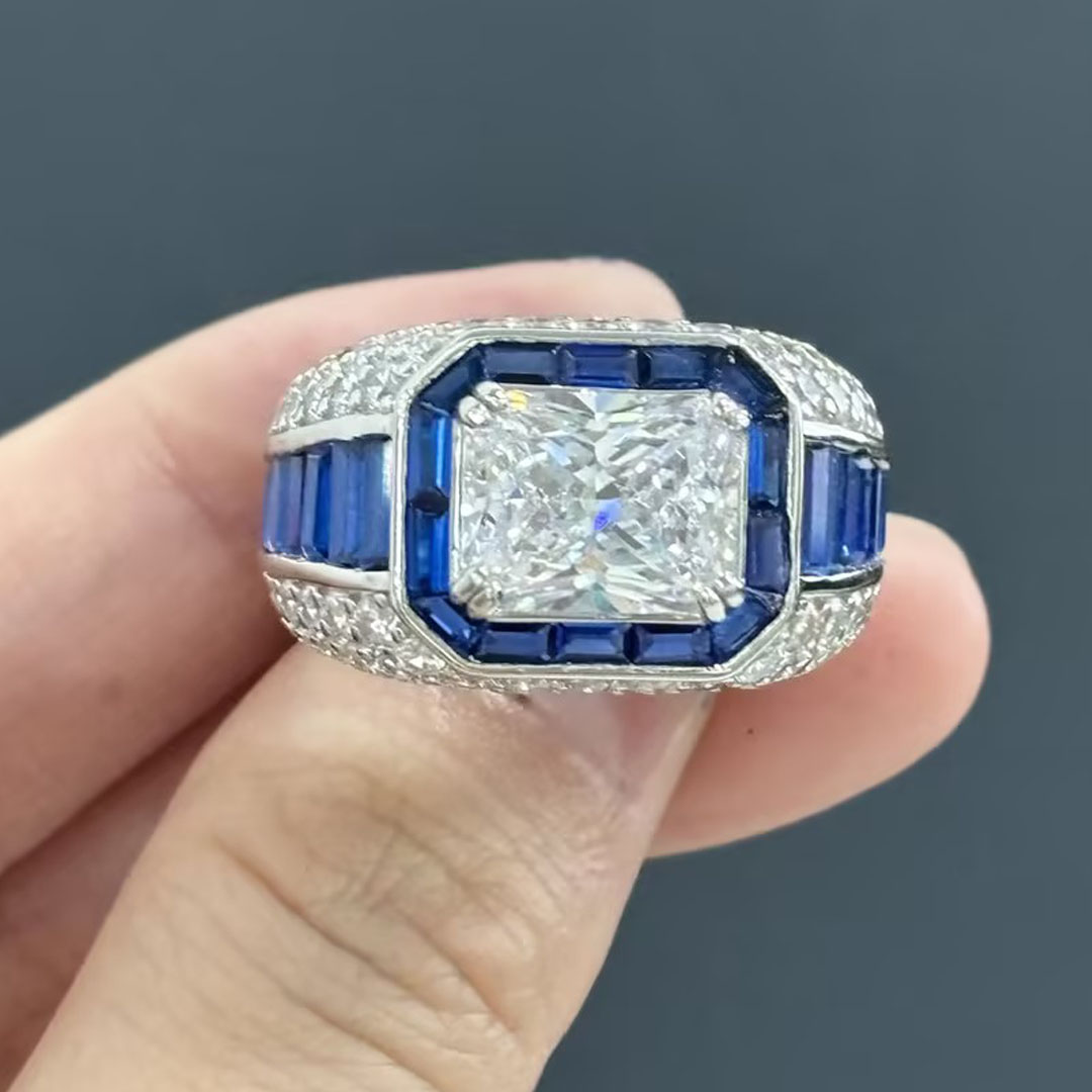 4ct Sapphire Halo Emerald Cut White Sapphire Men's Ring