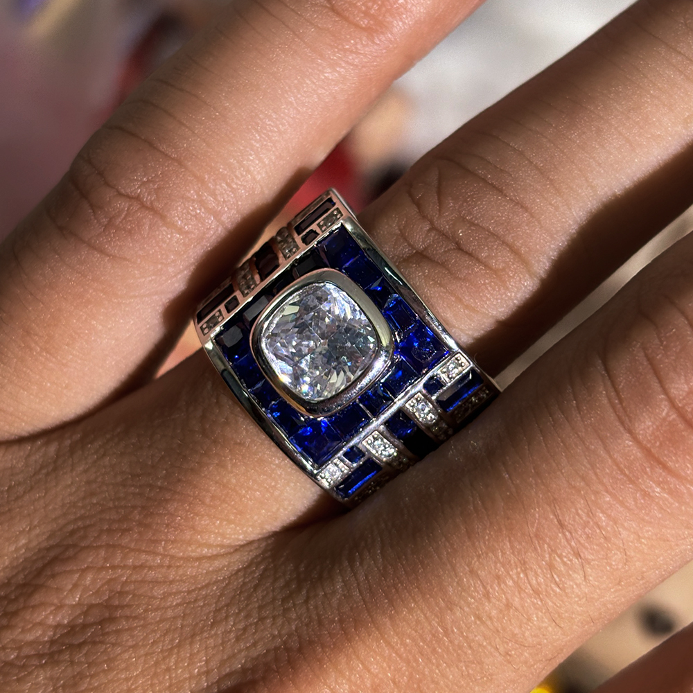 5ct Cushion Cut Two Tone Sapphire Men's Ring