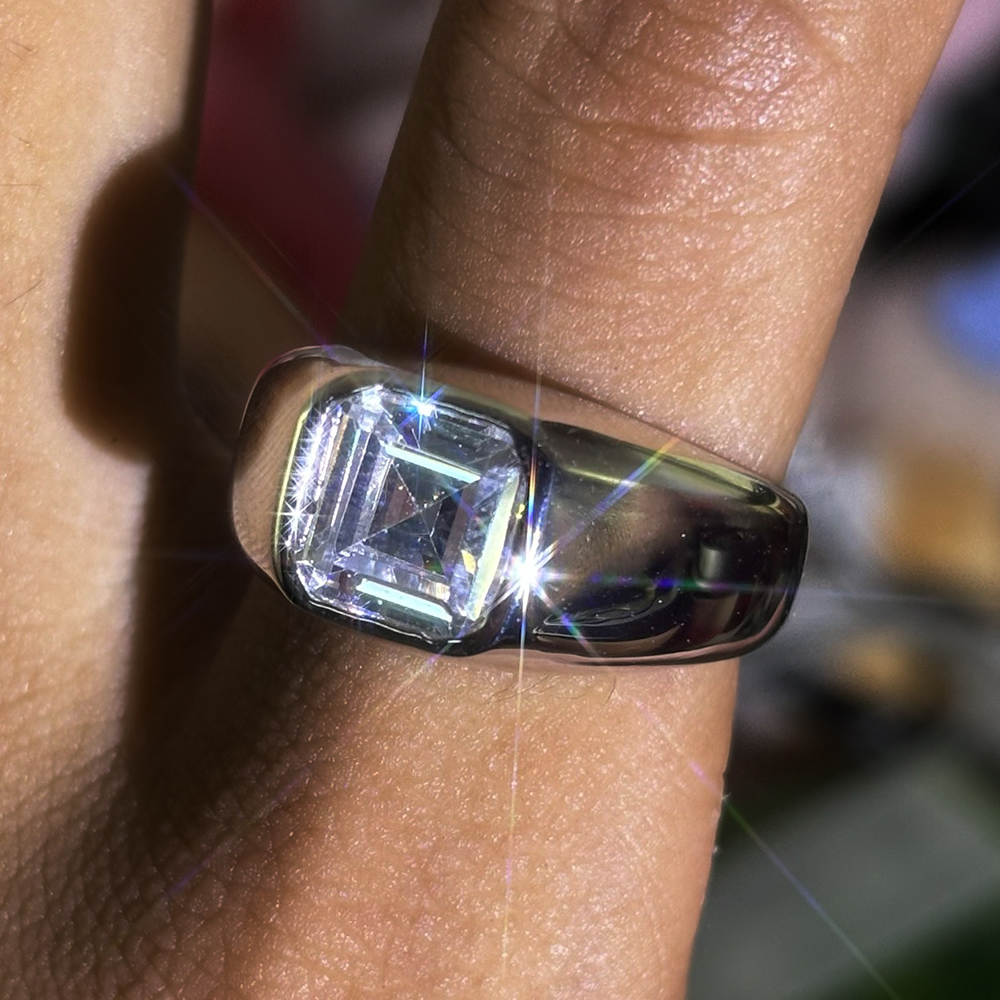 Bezel Setting 3ct Asscher Cut White Sapphire Men's Engagement Ring