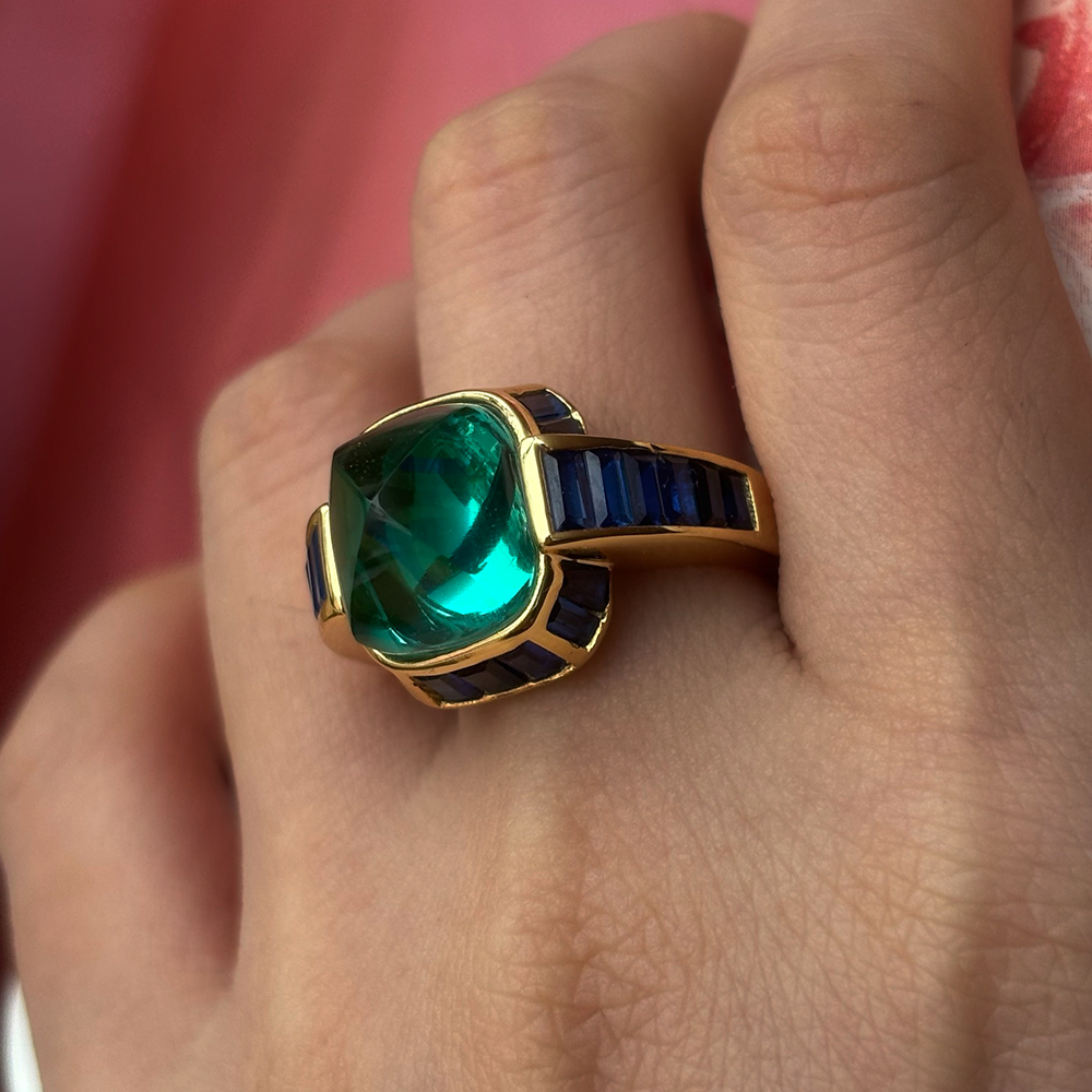 Sapphire Halo 10ct Cabochon Cut Emerald Sapphire Cocktail Ring