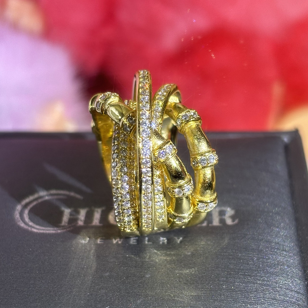 Bamboo Design 0.8ct White Sapphire Pave Ring