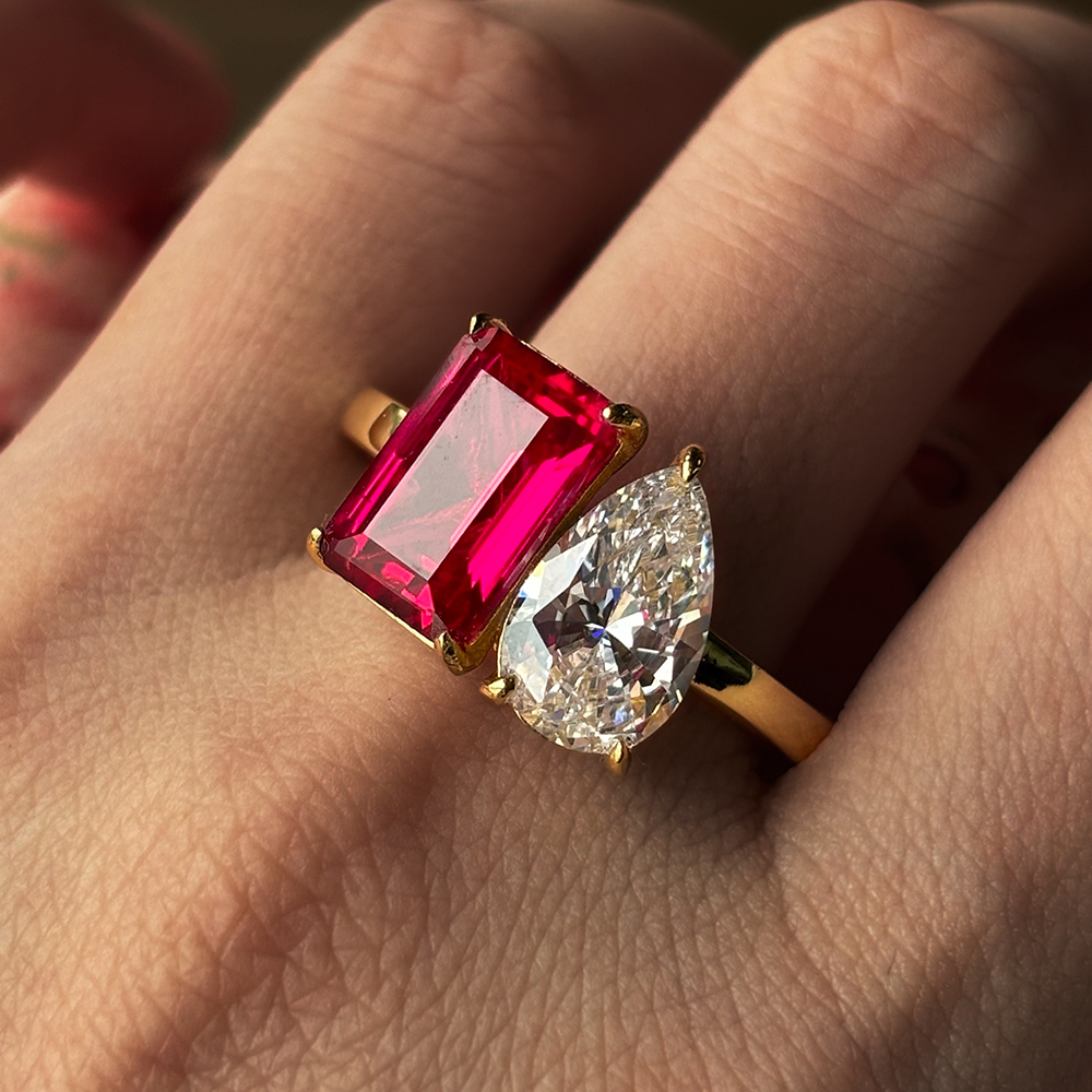 Toi et Moi 7ct Emerald&Pear Cut Ruby&White Sapphire Engagement Ring